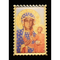 This is the version of Our Lady Of Czestochowa worn by Lech Walesa, founder of Poland's Solidarity movement, who went on to become President of Poland. Rectangular gold metal enamel-like with a tie tack back.