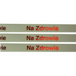 'Na Zdrowie' Ribbon: White with Metallic Red letters.  Use for interesting and unique gift wrapping.  Also use as embellishments for scrapbooking.  English translation:  'To Your Health/Cheers'