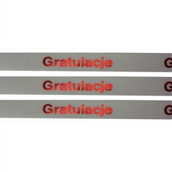 'Gratulacje' Ribbon (White with Metallic Red letters).  Use for interesting and unique gift wrapping.  Also use as embellishments for scrapbooking.  English translation:  'Congratulations'