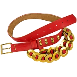 Adorned with brass studs, rings and a buckle this Krakow belt is made from a solid peace of faux leather.  Made entirely by hand in Poland. Available in red or white.