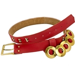 Adorned with brass studs, rings and a buckle this Krakow belt is made from a solid peace of faux leather.  Made entirely by hand in Poland. Available in red or white.