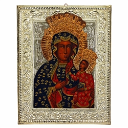 Made in Poland this icon is hand painted and covered with a beautiful cover of zinc plated copper featuring fine bas-relief.