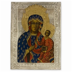 Made in Poland this icon is hand painted and covered with a beautiful cover of zinc plated copper featuring fine bas-relief.