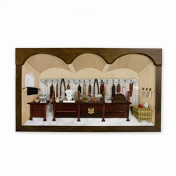 Poland has a long history of craftsmen working with wood in southern Poland. Their workshops produce beautiful hand made boxes, plates and carvings. This shadow box is a look inside a traditional Polish American butcher shop. Note the nice attention to de