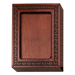 An absolutely beautiful box!  Walnut stained box with detailed picture frame on the top. Frame has a opening on one side to slide in a photo, but this box is just as beautiful as is. Box also opens to a red felt lined bottom inside to hold you keepsakes.