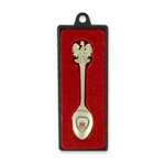 Souvenir pewter spoon featuring the symbol of the city of Krakow Packed in a plastic presentation box with a clear top.