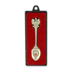 Souvenir pewter spoon featuring the symbol of the city of Krakow Packed in a plastic presentation box with a clear top.