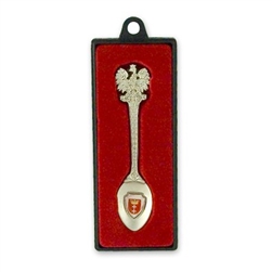 Souvenir pewter spoon featuring the symbol of the city of Gdansk Packed in a plastic presentation box with a clear top.