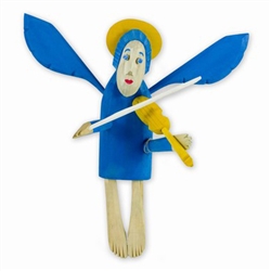 Hand carved painted folk angel by carver Maciej Manowiecki.  The artist is known for his unique, whimsical style.  His work can be characterized by the use of unconfined form, vibrant color, and lightness of style which brings each piece to life.