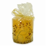 This beautiful amber colored candle has real raw amber pieces imbedded inside the wall of the candle and an amber "tree" of polished stones decorating the outside. Made from the highest quality paraffin with an addition of bees wax guarantee a clean and l