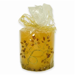 This beautiful amber colored candle has real raw amber pieces imbedded inside the wall of the candle and an amber "tree" of polished stones decorating the outside. Made from the highest quality paraffin with an addition of bees wax guarantee a clean and l