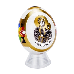 Hand Painted In Poland These beautiful wooden eggs are hand painted on one side and feature an applique of Our Lady Of Czestochowa on the other side.