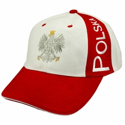 Display the Polish colors of red and white with this handsome looking cap with detailed embroidery work. The front of the cap features a silver Polish Eagle with gold crown and talons. On the left side are the words "Polska" (Poland). Features an adjustab