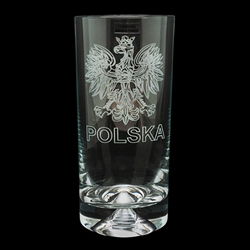 Beautifully engraved Polish Eagle and the word Polska on this tall drinking glass which features a solid heavy bottom for a great feel and stability. Made in Krosno, Poland, the center of Polish fine glassware.