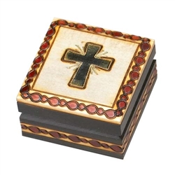 Radiating Cross Wooden Box, Brass inlaid Cross with radiating rays accented by the burned design around the entire top and 4 sides!  Great Communion or Confirmation Gift!