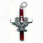 Made in the workshop of Warsaw's finest engraver and medal maker. This is a hand made enameled metal cross with the Polish eagle superimposed on top. These are the two symbols of Poland's Catholic heritage. Red and white are the colors of the Polish flag