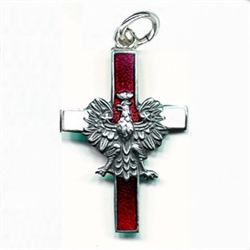 Made in the workshop of Warsaw's finest engraver and medal maker. This is a hand made enameled metal cross with the Polish eagle superimposed on top. These are the two symbols of Poland's Catholic heritage. Red and white are the colors of the Polish flag