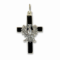 Made in the workshop of Warsaw's finest engraver and medal maker. This is a hand made enameled metal cross with the Polish eagle superimposed on top. These are the two symbols of Poland's Catholic heritage. Black is the symbol of the temporal nature of