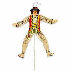 This hand painted wooden Goral's arms and legs move up and down as you pull and release the string. A very traditional piece of folk art from Poland that can be hung as a folk decoration.  Not for children under 5 due to small parts.