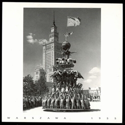 Palac Kultury i Nauki - The Palace of Culture and Science is still standing but the political stage has certainly changed.  This display by athletes
advocating world peace is one example of communist propaganda.  Historical Black and White Photo Postcard