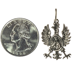 Hand made in the workshop of Warsaw's finest engraver and medal maker. With ring for chain mounting.  Centered in the eagle is Our Lady Of Ostrobramska - Matka Boska Ostrobramska  Metal