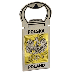 High quality bottle opener with Polish Eagle and gold rays. The back of the opener has a large magnet so it can be displayed.