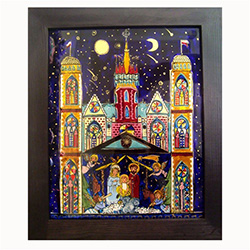 Painting on glass is a popular Polish form of folk art by which the artist paints a picture on the reverse side of a glass surface. This Szopka Krakowska was painted and signed by master artist Janina Oleksy-Lew.  Each painting is unique so no two are ali