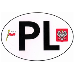Large waterproof indoor/outdoor sticker perfect for a heritage room display or on a car,  truck or van. PL are the designated letters for Poland in Europe. This sticker also features the flag and emblem of Poland. Size is approx 6" x 4".