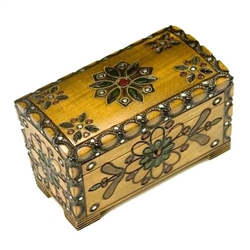 Brass inlay, ornate decoration. Footed base, high gloss finish.