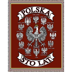 The emblem of Poland, the Polish Eagle (Polski Orzel) has evolved over the centuries. This beautiful woven tapestry highlights twelve of those eagles beginning with the year 1268.  In the center is the present day design.