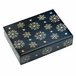 Rich blue matte finish. Hand carved snowflake design on top and sides. Hinge and lid.