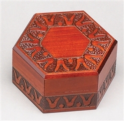 Rich lacquered box with hand carved tulip design on top and sides. Unique shape.