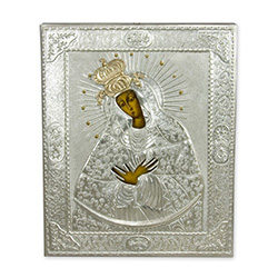 Made in Poland this icon is hand painted and covered with a beautiful cover of zinc plated copper featuring fine bas-relief.