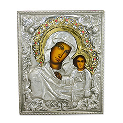 Historical reproduction zinc plated copper.  8.5" X 10.25" Icon of Our Lady Of Kazan which is surely the most important icon in Russia. Our hand made and painted icons are produced in Lodz, Poland.