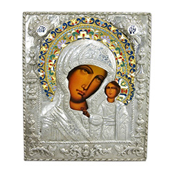 Hand Made 10" by 12" Historical Reproduction Zinc Plated Copper Cover. Icon of Our Lady Of Kazan, the most important icon in Russia.  Ours is produced in Lodz, Poland.