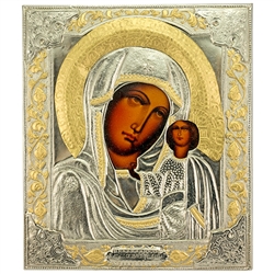Zinc plated over copper Icon of Our Lady Of Kazan Icon with a row of enameled color in the halo of Our Lady who is surely the most important icon in Russia.  This 10" x 12" icon was made in Lodz, Poland.