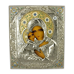 Made in Poland this icon is hand painted and covered with a beautiful cover of zinc plated c opper featuring fine bas-relief.