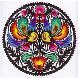 Our Polish paper cuts are made by folk artists in the Lowicz area of central Poland. Each paper cut-out is hand made using sheep sheers to form the designs. The designs from the Lowicz area are with rooster, flower or geometric motifs. We offer some of ea