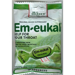 Em-eukal -- this is the one your throat has been waiting for!  The #1 brand in Germany's pharmacies and drugstores is now available in the United States.  Dr. Carl Soldan formulated his original recipe in 1923 to relieve coughs, soothe sore throats