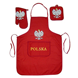 Everything for the Polish chef in a Polish kitchen - Apron, oven mitt and pot holder with Polish eagle motif on each item.  Great for that summer barbeque.