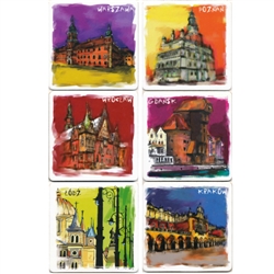 Miasta Polskie (Polish Cities) Coasters - Set of 6 Assorted. This set of 6 coasters features colorful reproductions of scenes from important Polish cities painted by Anna Gawlikowska.