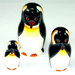 One of our favorite animals, the emperor penguin, wants you to hear no evil, speak no evil, see no evil. An adorable reminder that clean living is the best kind. Production Techniques: Hand Painting. This doll was carved in the Upper Volga region, then de