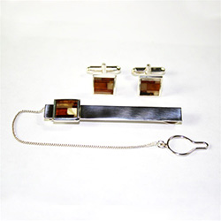 Men's Amber Cuff Links and Tie Bar Set - Geometric Pattern