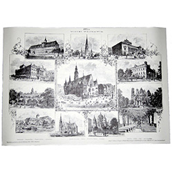 Beautiful poster containing twelve historic views of architecture in the city of Wroclaw, Poland, circa 1883.  Suitable for framing.