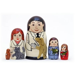 A unique occupational set of nesting dolls - "The Veterinarian".  Male and female vet dolls each holding a fuzzy dog and cat! They are delightful to touch.  Inside are pet owners holding a turtle and lizard and lastly a small dog. Largest is 5" tall.