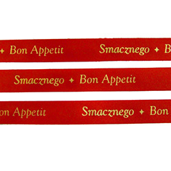 Ribbon: 5/8" (Red with Gold Metallic) 'Smacznego - Bon Appetit'