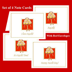 Delightful set of four note cards showing a platter of Polish Paczki ready to eat. Each card has text below the platter. Includes four red envelopes. All papers are premium archival card stock, acid free and lignin free.  Made in USA.