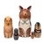 Here's a pack of dogs for canine lovers everywhere. A colorful collie with 3-D ears and muzzle opens up to canines of all colors: a golden Labrador retriever, husky, blue healer, and pug. This variety of breeds makes an excellent dog nesting doll.