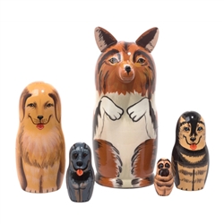 Here's a pack of dogs for canine lovers everywhere. A colorful collie with 3-D ears and muzzle opens up to canines of all colors: a golden Labrador retriever, husky, blue healer, and pug. This variety of breeds makes an excellent dog nesting doll.