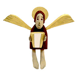 Small brown folk angel with accordion, hand-carved and painted by carver Maciej Manowiecki.  The artist is known for his unique, whimsical style.  His work can be characterized by the use of unconfined form, vibrant color, and lightness of style which bri